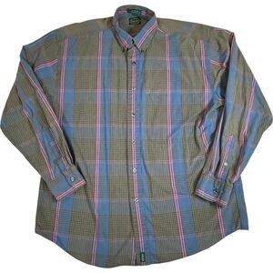 Vintage IZOD Mens Medium Green Blue Plaid‎ Button Down Shirt Long Sleeve Cotton